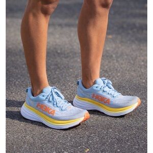 Hoka Bondi 8  Sky Blue Running Shoes with Yellow & Orange Details size 8